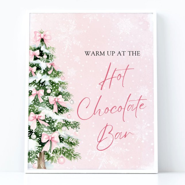 Elegant Pink Bows Christmas Tree Hot Chocolate Bar Poster (Watercolor Pink Bows Christmas Tree Hot Cocoa Bar Sign)