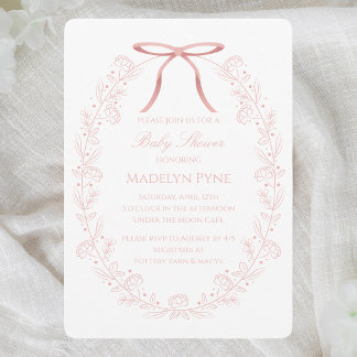 Elegant Pink Bows & Flowers Baby Shower Invitation