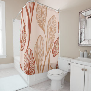 Elegant Pink Brown Abstract Leaves Line Art Shower Curtain