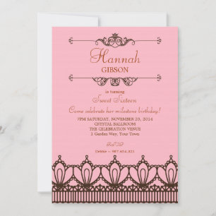 Elegant Pink & Brown Lace Sweet 16 Invitation