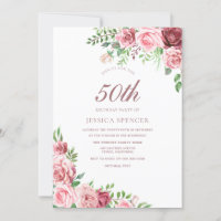 Elegant Pink & Burgundy 50th Birthday Invite