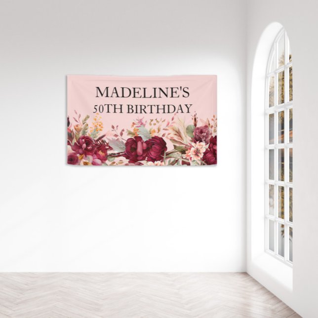 Elegant Pink Burgundy Floral 50th Birthday Banner (Creator Uploaded)