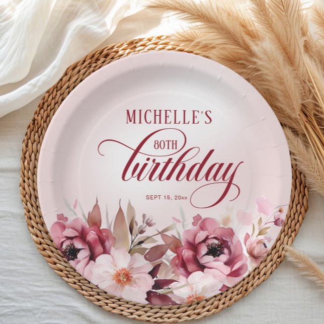 Elegant Pink Burgundy Floral 80th Birthday Paper Plate (Elegant burgundy and pink watercolor floral birthday party paper plate)