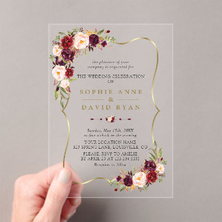Elegant Pink Burgundy Floral Gold Marble Wedding Acrylic Invitations