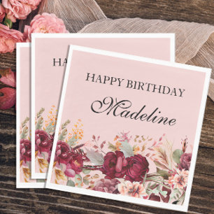 Elegant Pink Burgundy Floral Happy Birthday Napkin