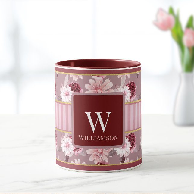 Elegant Pink Burgundy Floral Stripe Monogram  Mug (Creator Uploaded)