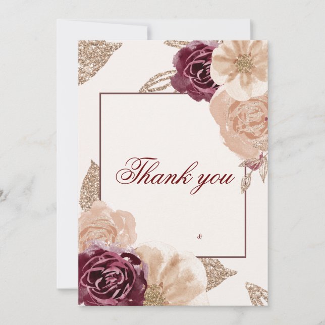 Elegant Pink Burgundy Floral Wedding Photo Thank You Card (Front)
