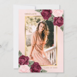 Elegant Pink Burgundy Gold Floral Photo Graduation Announcement