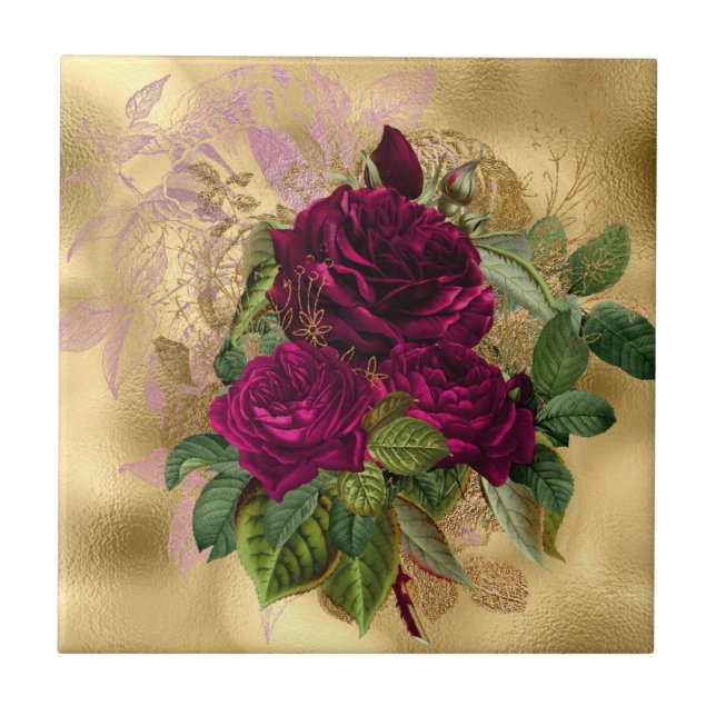 Elegant Pink Burgundy Gold Rose Ceramic Tile (Front)