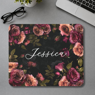 Elegant Pink Burgundy Moody Botanical Floral Mouse Pad