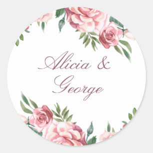 Elegant pink burgundy roses script wedding favour classic round sticker