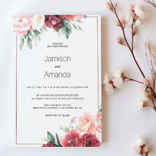 Elegant pink burgundy watercolor floral Wedding Invitation
