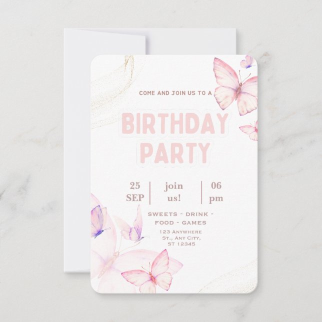 Elegant Pink Butterfly Birthday Party Invitation  (Front)