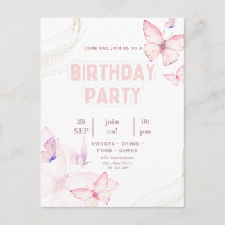 Elegant Pink Butterfly Birthday Party Invitation  Postcard