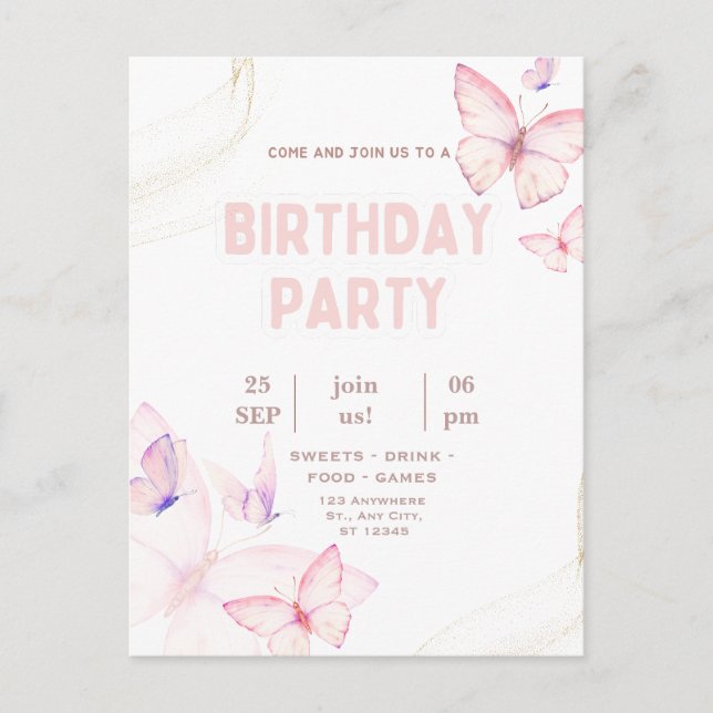 Elegant Pink Butterfly Birthday Party Invitation  Postcard (Front)