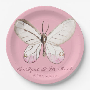 Elegant Pink Butterfly Personalised Wedding Paper Plate