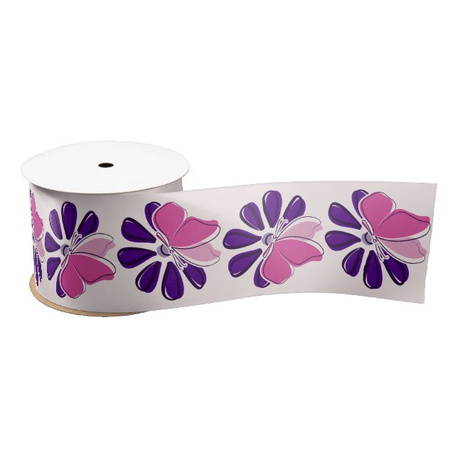 Elegant Pink Butterfly & Purple Flower on Blush Satin Ribbon (Spool)