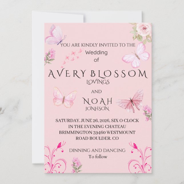 Elegant Pink Butterfly Wedding Invitation | Edit (Front)