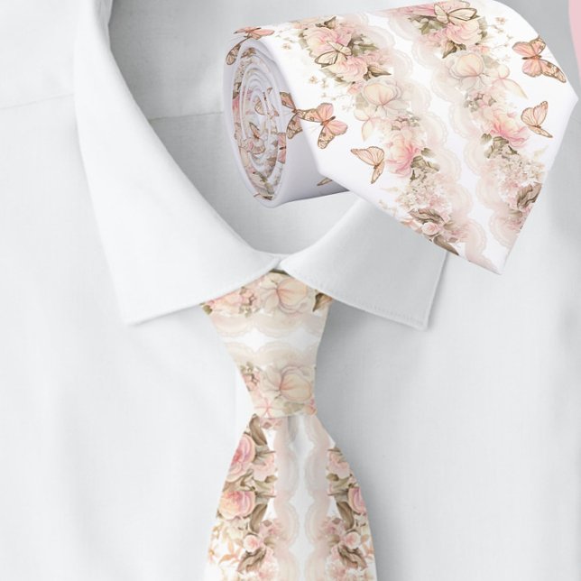 Elegant Pink  Butterfly White Wedding Tie (Creator Uploaded)