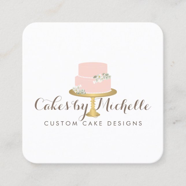 Elegant Pink Cake with Florals Cake Decorating Square Business Card (Front)
