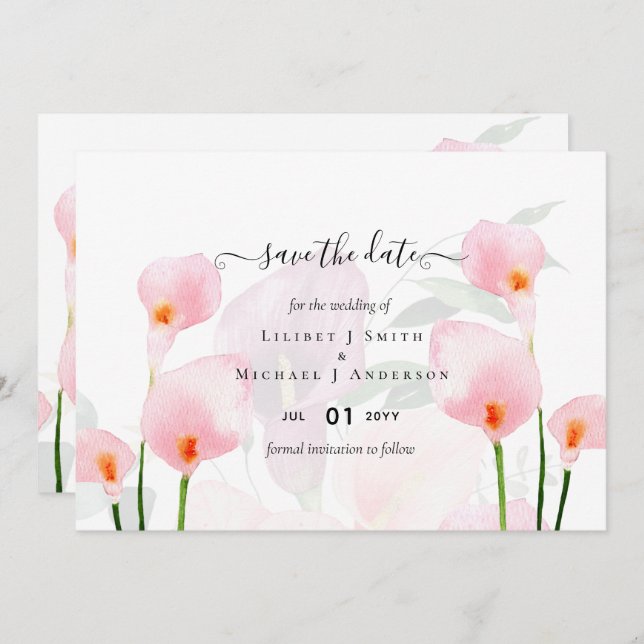 Elegant Pink Calla Lily Wedding Save Date QR Code Invitation (Front/Back)