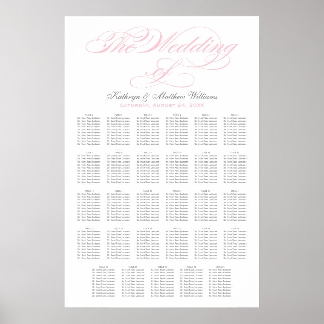 Elegant Pink Calligraphy Wedding Seating Poster (Front)