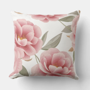 Elegant Pink Camellia Floral with Green Leaves Cushion