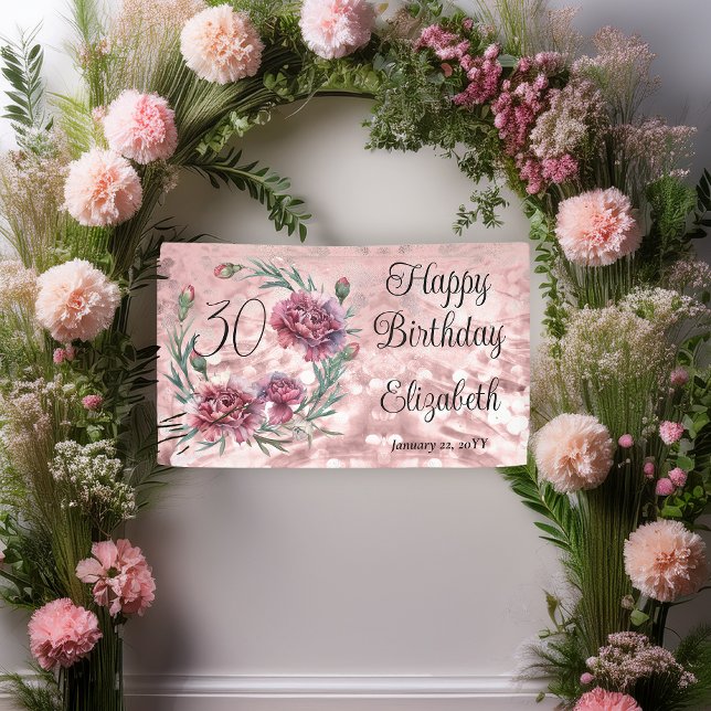 Elegant Pink Carnations 30th Birthday Party  Banner (Elegant Pink and Mauve Carnations 30th Birthday Party 3 ft x 5 ft Banner)