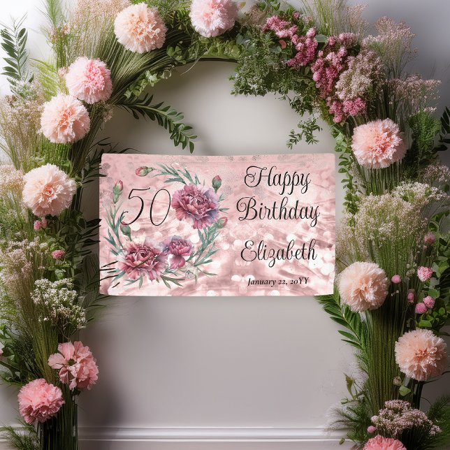 Elegant Pink Carnations 50th Birthday Party  Banner (Elegant Pink and Mauve Carnations 50th Birthday Party 3 ft x 5 ft Banner)