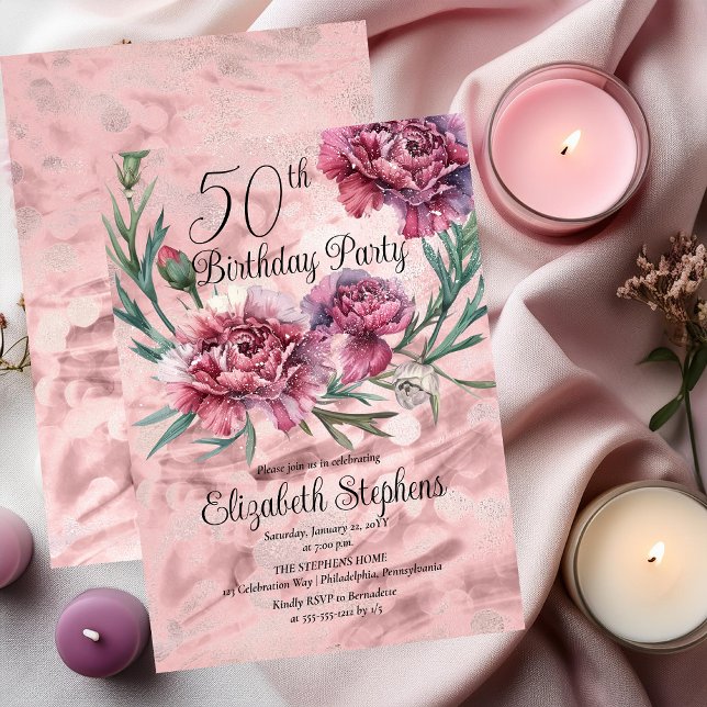 Elegant Pink Carnations 50th Birthday Party  Invitation (Elegant Pink and Mauve Carnations 50th Birthday Party Invitation)