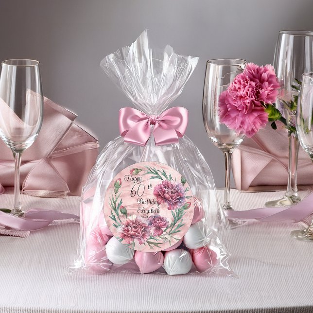 Elegant Pink Carnations 60th Birthday Party  Classic Round Sticker (Elegant Pink Carnations 60th Birthday Party Favor Classic Round Stickers - 2 Sizes)