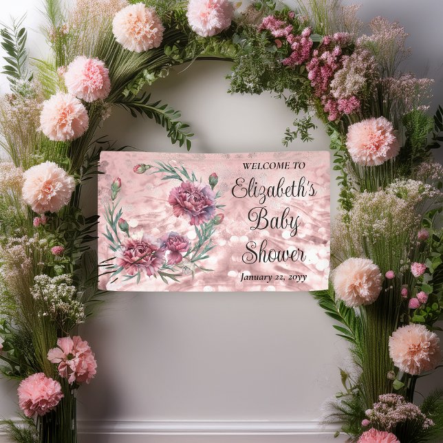 Elegant Pink Carnations Girl Baby Shower Banner (Elegant Pink and Mauve Carnations Girl Baby Shower 3 ft x 5 ft Banner)