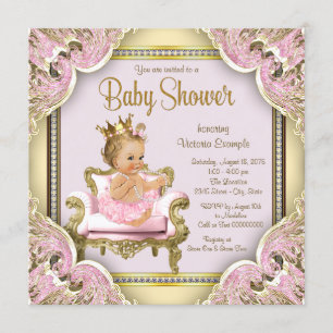 Elegant Pink Chair Pearls Pink Gold Baby Shower Invitation
