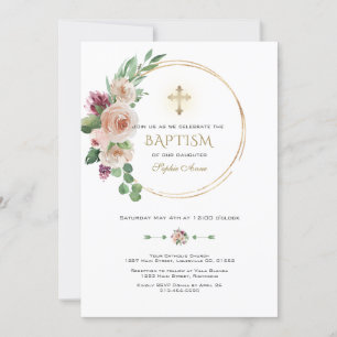 Elegant Pink Champagne Floral Gold Cross Baptism Invitation