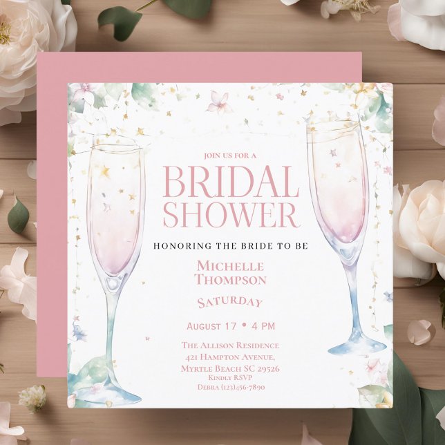 Elegant Pink Champagne Glass Floral Bridal Shower Invitation (Creator Uploaded)