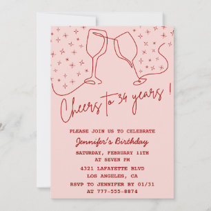 Elegant Pink Cheers Champagne 34th birthday Invitation