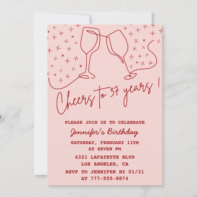 Elegant Pink Cheers Champagne 37th birthday Invitation (Front)