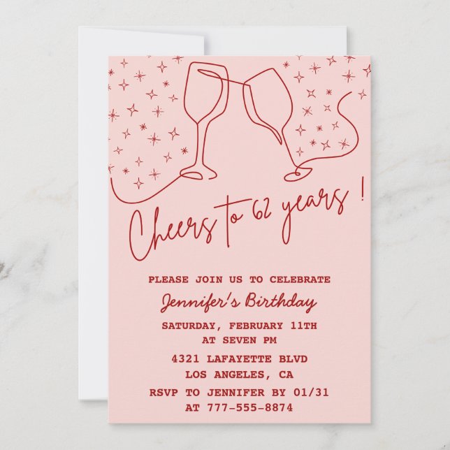 Elegant Pink Cheers Champagne 62nd birthday Invitation (Front)