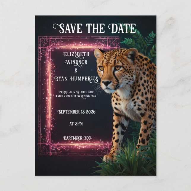Elegant Pink Cheetah Wedding Invitation Photo   Postcard (Front)