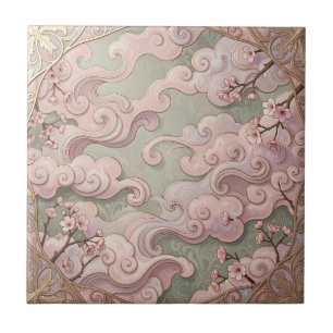 Elegant Pink Cherry Blossom Art Nouveau Swirls Ceramic Tile