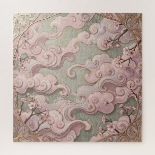 Elegant Pink Cherry Blossom Art Nouveau Swirls Jigsaw Puzzle