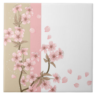 Elegant Pink Cherry Blossom Branch Ceramic Tile