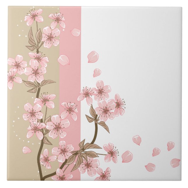 Elegant Pink Cherry Blossom Branch Ceramic Tile (Front)