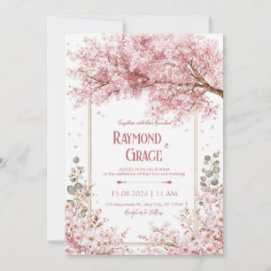 Elegant Pink Cherry Blossom Eucalyptus Gold Frame Invitation