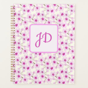 Elegant Pink Cherry Blossom Floral Art Monogram Planner