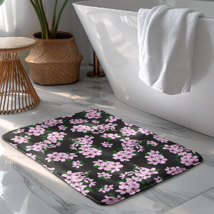 Elegant pink cherry blossom floral watercolor bath mat