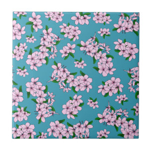 Elegant pink cherry blossom floral watercolor ceramic tile