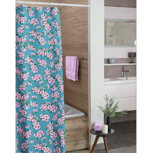 Elegant pink cherry blossom floral watercolor shower curtain