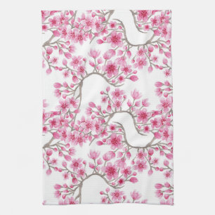 Elegant Pink Cherry Blossom Floral Watercolor Tea Towel