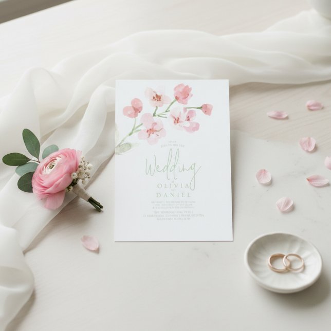 Elegant Pink Cherry Blossom Watercolor Wedding  Invitation (Creator Uploaded)